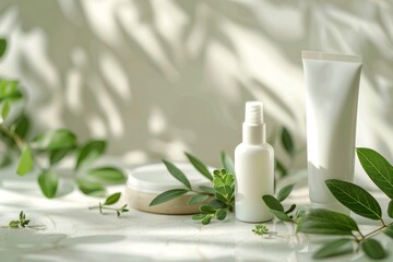 Fototapeta na wymiar Mock up of natural beauty products. White cosmetic bottles with green leaves on a light neutral background. ai generated