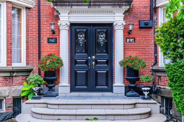 Black front door of classic style home.
