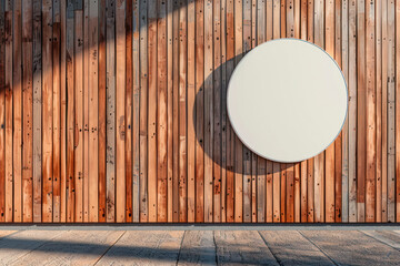 Circle mockup of street store template signboard on empty wood wall.