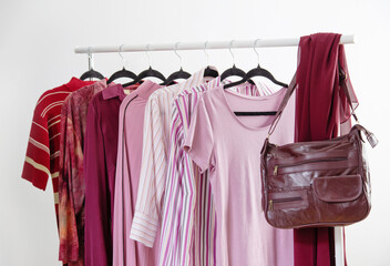 women's clothing in pink and burgundy trendy colors on a hanger - 790802807