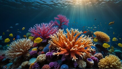 Bursting with vibrant life, a resplendent coral reef shines with a rainbow of colors: from the electric hues of tropical fish to the delicate tendrils of sea anemones swirling in the water's embrace. 