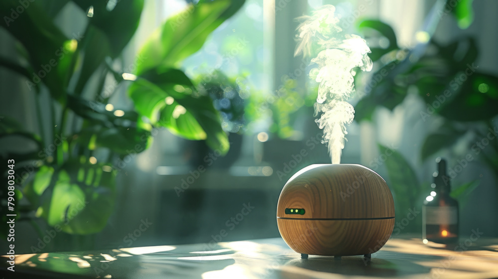 Poster an ultrasonic humidifier with essential oil diffuser for relaxation and wellness, creating a serene 