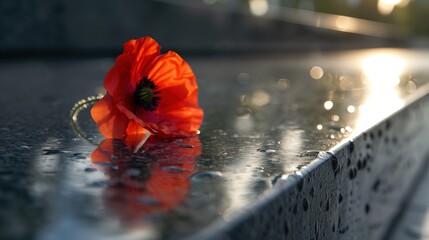 Pay tribute to fallen heroes with a close-up shot of a single red poppy resting on a war memorial, symbolizing sacrifice and remembrance