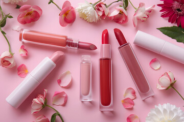 Obraz na płótnie Canvas Different lip glosses, applicators and flowers on pink background, closeup