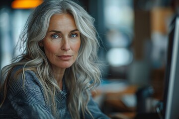 Obraz premium A stylish mature woman with long grey hair wearing a plaid blazer looks thoughtfully at the camera