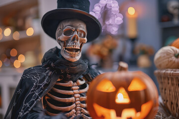 Man in a Halloween costume. A skeleton in a black cloak and top hat on a light purple background