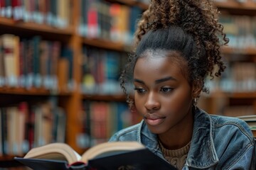 A thoughtful African American student is deeply absorbed in reading a book in the library
