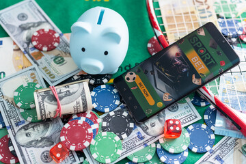 poker chips and money, piggy bank. Concept of gambling savings.
