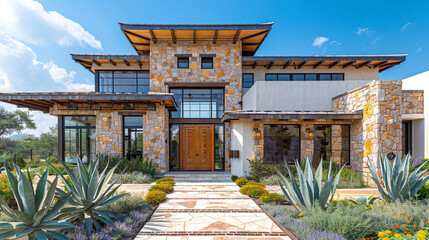 A striking mix of textures like stone, metal, and stucco adding depth to the exterior facade. - Powered by Adobe