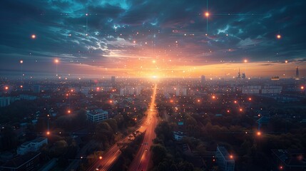 Fototapeta premium Futuristic Urban Landscape at Sunrise, generative ai