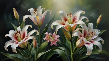 Elegantly blooming lilies with delicate buds, their velvety petals unfurling in graceful arcs. This...