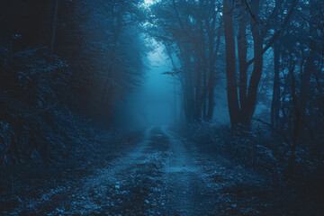 Fototapeta premium Mysterious dark forest. dark and moody forest road covered in mist. Halloween night background.