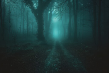 Naklejka premium Mysterious dark forest. dark and moody forest road covered in mist. Halloween night background.