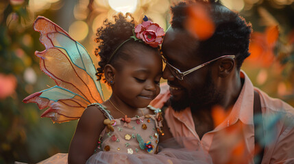 Happy black father & child in fancy dress as fairies princesses. Black dad & toddler playing dress up. Single father. Father's Day concept. Inclusion & diversity. Candid fatherly love