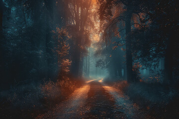 Mysterious dark forest. dark and moody forest road covered in mist. Halloween night background.