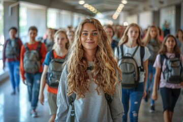 A confident teenage girl leading a group of students in a school corridor with backpacks, looking directly at the camera