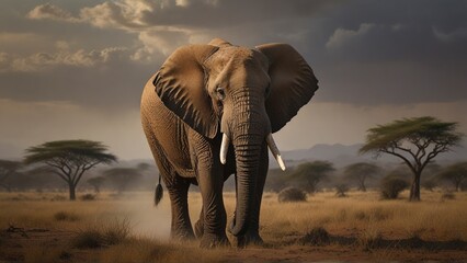 Fototapeta na wymiar In the African wilderness, a majestic, weathered old elephant stands proudly, with tusks bearing the marks of time and deep wrinkles mapping a lifetime of wisdom. This stunning image, perhaps a painti