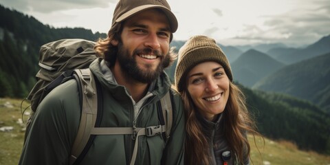 A happy couple of tourists are trekking in the Alpine mountains. generative AI.