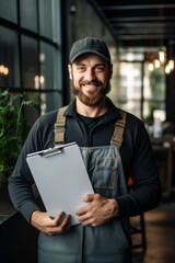 A repairman in uniform holds a tablet while standing by the window. Generative AI.