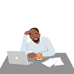 Young man Professional burnout syndrome exhausted man tired sitting at her workplace in office holding his head. Flat vector illustration isolated on white background