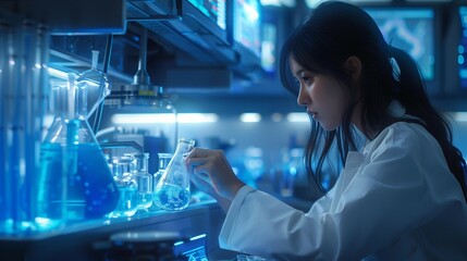 Naklejka premium Futuristic Female Scientist in High-Tech Lab, generative ai