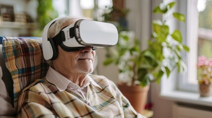 A delighted elderly man explores a new world using virtual reality glasses, seated comfortably in his home environment.
