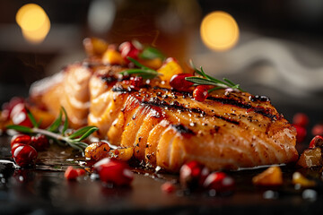 Top view of a piece of grilled salmon on a plate with vegetables and herbs against blurred bokeh...