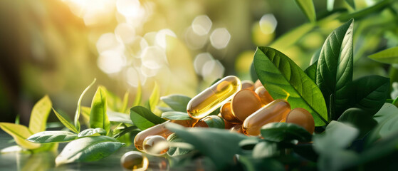 Nutritional supplement background. Capsules or pills on the green leaf. Mockup for heals supporting, vitamins. Herbal organic medicine treatment. Generative ai - obrazy, fototapety, plakaty