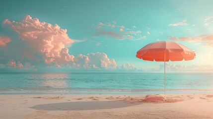 Tranquil Beachscape with Vibrant Umbrella, generative ai
