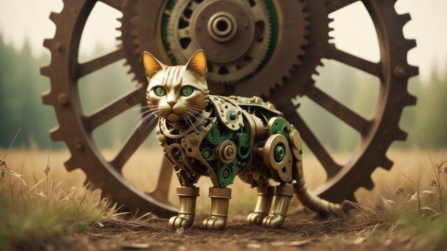 Fantasy image of a cat with a gear wheel in the background