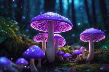 Generative AI, Beautiful and awesome neon colorful mushrooms, Magical views of neon colorful mushrooms, Beautiful view of neon colorful mushrooms in the thickets of forest bushes, small neon mushrooms
