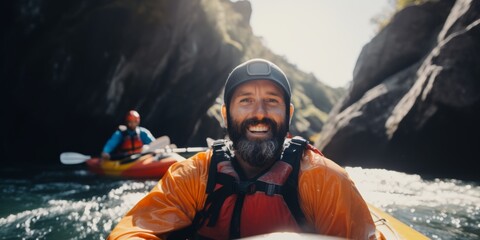 A guy rafts down a mountain river in a kayak. Generative AI. - obrazy, fototapety, plakaty