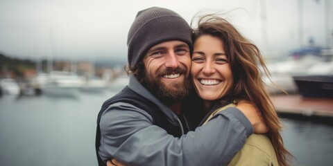 A young couple hugs in a marina on a pier against the backdrop of sailing yachts. Generative AI.