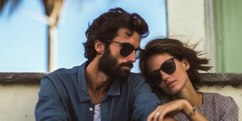 Stylish young couple sitting leaning against a wall in a cityscape. Generative AI.