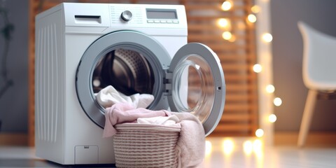 A basket of laundry with a washing machine in the background. Generative AI.