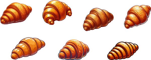 Graphic set of baked croissants isolated on white background, vector food illustration eps 10