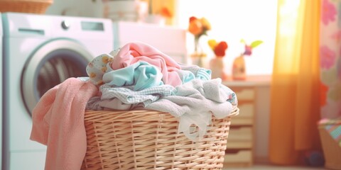 A basket of laundry with a washing machine in the background. Generative AI.