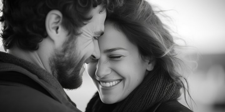 Fototapeta A young couple hugs in a marina on a pier against the backdrop of sailing yachts. Generative AI.