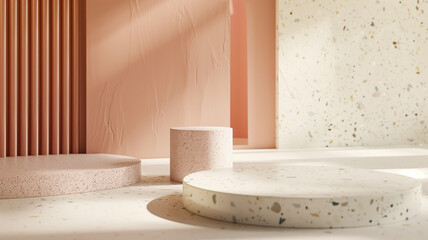 Minimal mockup studio background for product presentation. sets of pastel color Terrazzo marble texture. Clipping path of each element included. 3d rendering illustration. 