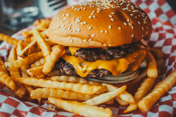 big tasty hamburger or burger with grilled beef and french fries, unhealthy fat fast or junk food