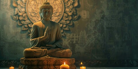 Buddha Statue Surrounded by Candles in a Room - obrazy, fototapety, plakaty