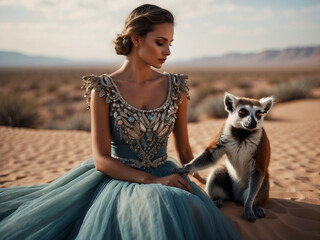 fashion model with lemur - obrazy, fototapety, plakaty