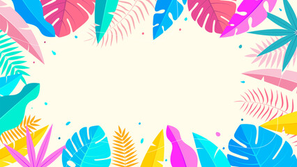 "Hello Summer" concept design with abstract illustrations on a background of exotic forest leaves, colorful designs, as well as summer backgrounds and banners.