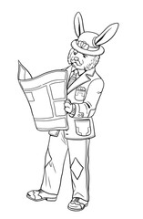 Rabbit in steampunk clothing reading a newspaper. Funny bunny dressed as an english gentleman. Template for coloring.