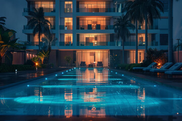 Lit swimming pool and building exterior at night.