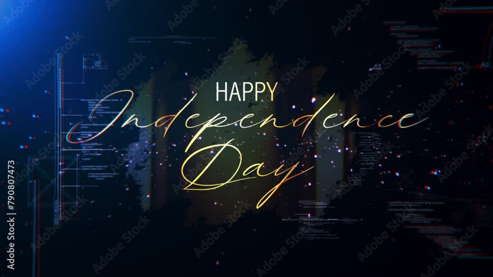 Poster abstract animation of happy independence day glitch text effect cinematic title digital sci fi hitec