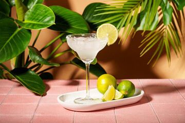 Margarita, alcoholic cocktail with lime, silver tequila, ice cubes and salt. Pink tropical background. - 790807439