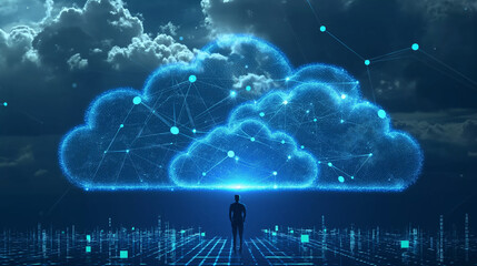 World over a cloud connected to businessman fingers.