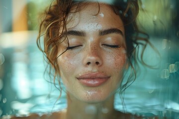 Serene close-up of a woman's face partially submerged in water with a peaceful and harmonious expression - obrazy, fototapety, plakaty