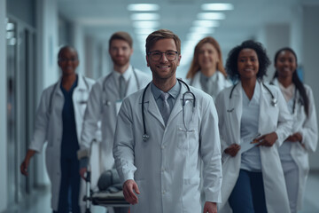 Picture of a group of doctors gathered at the hospital. Group of health professionals gather to receive good treatment The team consists of doctors, nurses, and patients.	

